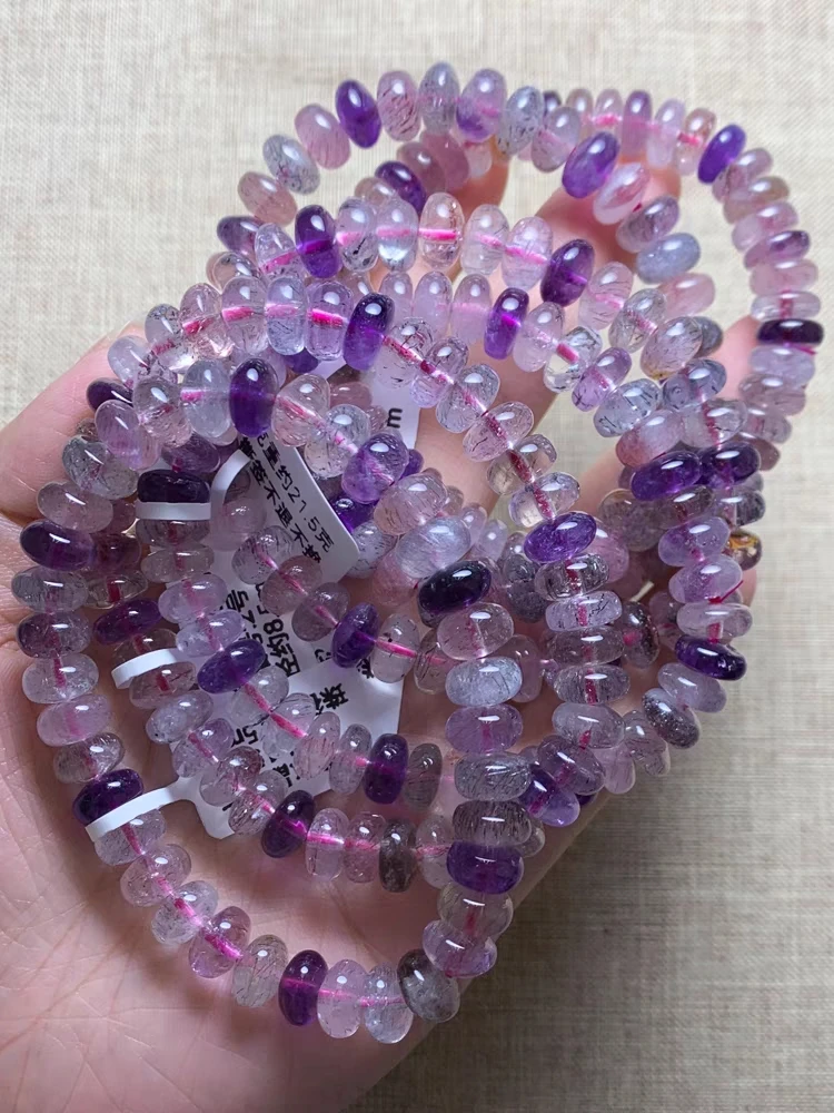 

Natural Purple Super Seven 7 Quartz Bracelet Rutilated 8.5mm Clear Abacus Beads Red Lepidocrocite Women Men AAAAAAA