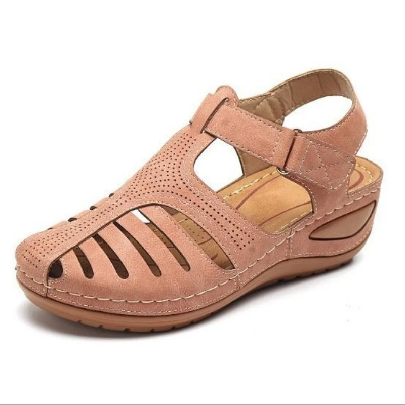 Foreign trade large size sandals women\'s 2024 summer new Roman style sandals round toe fashionable retro hole sandals women