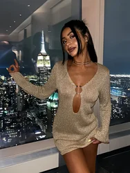 Sexy V Neck Flared Sleeve Slim Knitted Mini Dress 2024 Autumn / Winter Women's Elegant Long Sleeve Vacation Short Dresses A2917