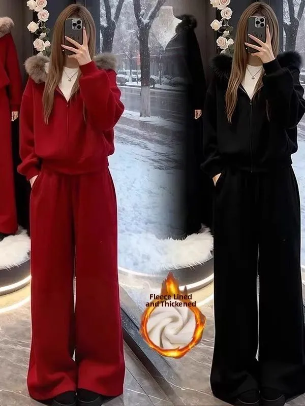 

Women's Fleece Lined Hooded Sportswear Set Warmth Collar Casual Two Piece Set Lazy Style Spring Autumn Winter High Waist Long...