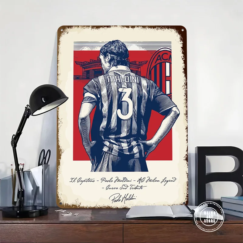 Paolo Maldini AC Milan Legend Tribute Poster Retro 3D Printed Metal Signs Customized Wall Hanging Gift for House Decoration Room