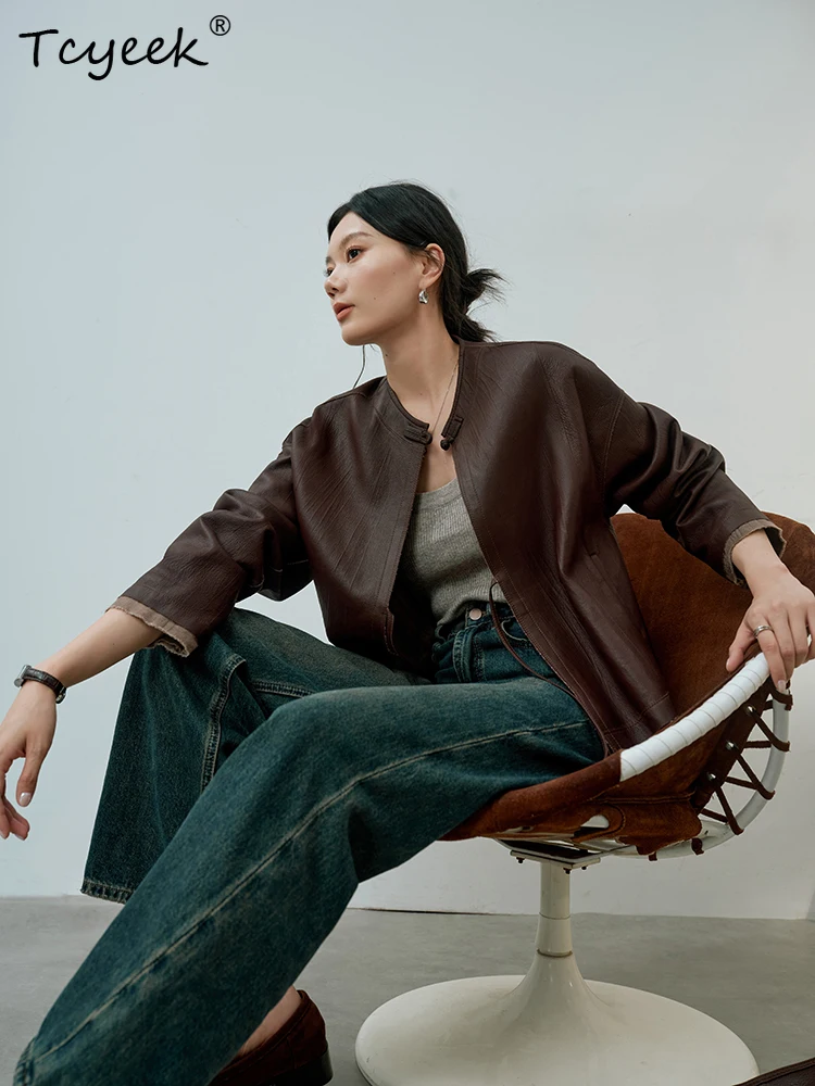 Tcyeek Pelle di pecora Primavera Autunno High End Trendy Vintage Girocollo Marrone Caffè Giacca in vera pelle da donna Jaqueta Couro