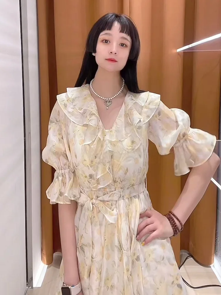 Ele Summer Tea Break V-Ne Puffy Sve Dr Women's New Print Waist-Cinching Long Dr High Waist A-Line Skirt