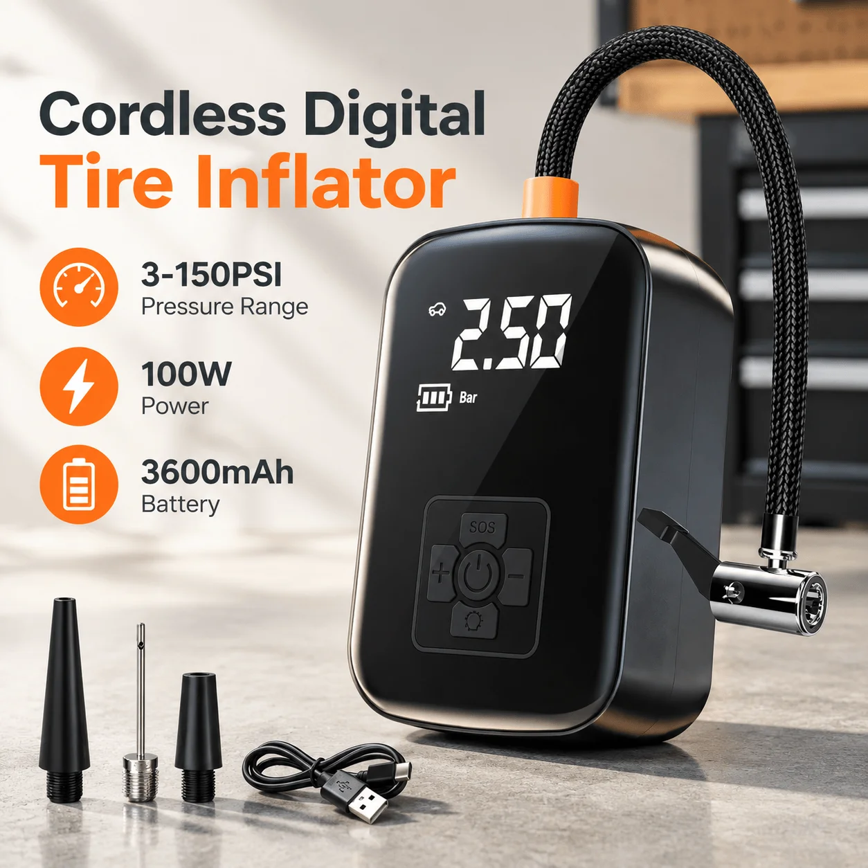 Cordless Digital Tire Inflator, 3-150PSI Pressure Range, 100W Power, 3600mAh Battery, Five Inflation Modes, LCD Display, Automatic Stop, for Car, Motorcycle and Bicycle Tires, Balls and Inflatable Toys, ABS, 13 x 9.5 x 6cm, 0.5kg