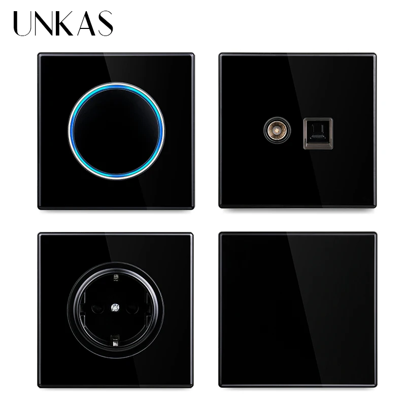 

UNKAS 1/2/3/4 Gang 1/2 Way On / Off Light Switch Large Aperture LED Backlight EU French TV Computer Telephone Black Glass Outlet