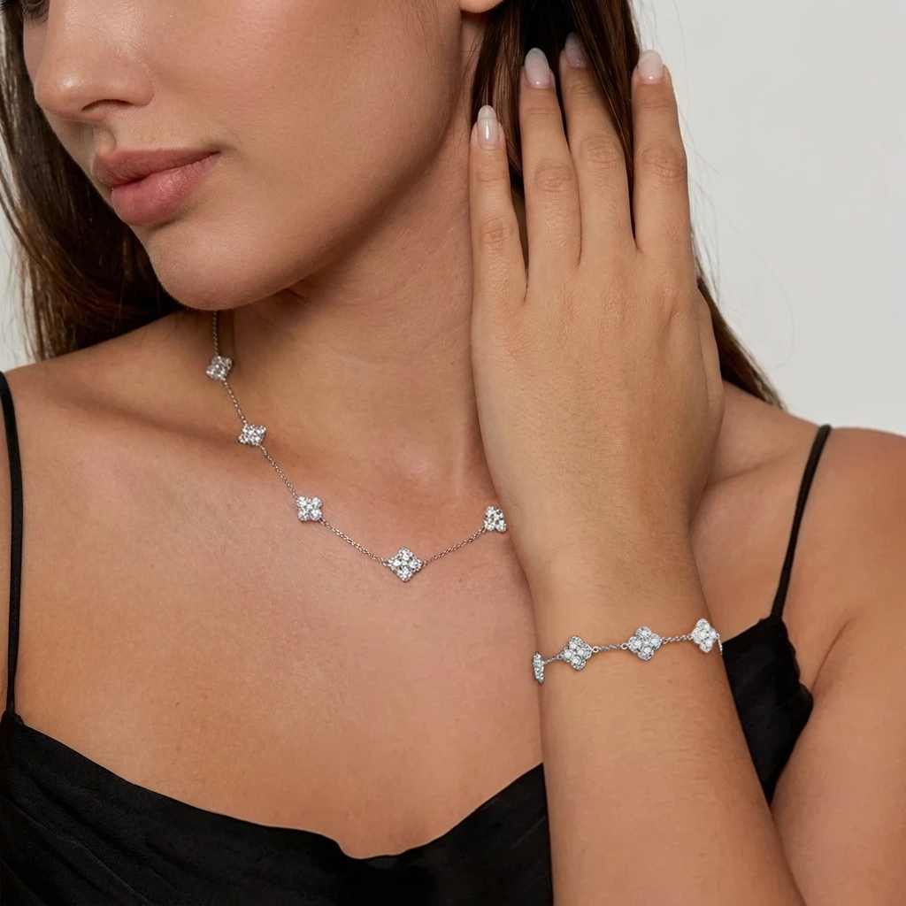 

ATTAGEMS S925 Silver Clover Jewelry Set DVVS1 Moissanite Bracelet Adjustable Necklace Trendy Lucky Charm Anniversary Gift forHer