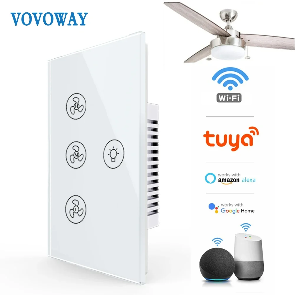 VOVOWAY-Smart WiFi Fan Light Switch,US,AU Ceiling Fan Lamp Switch, Tuya Remote,Various Speed Control,Work with Alexa,Google Home