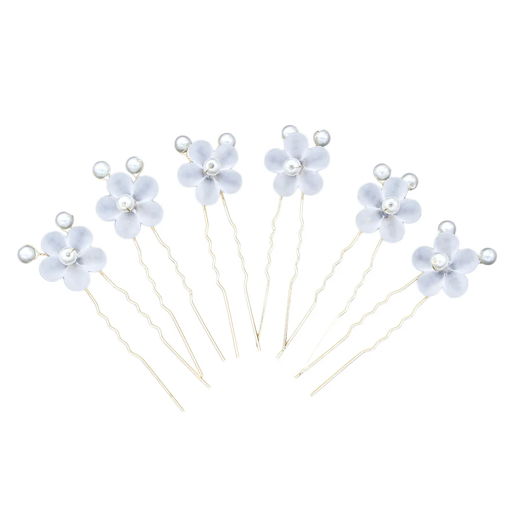 

6Pcs White Frosted Flower Pearl Hairpins U Shape Hair Chopsticks Wedding Bridal Hair Accessories Elegant Style for Girls