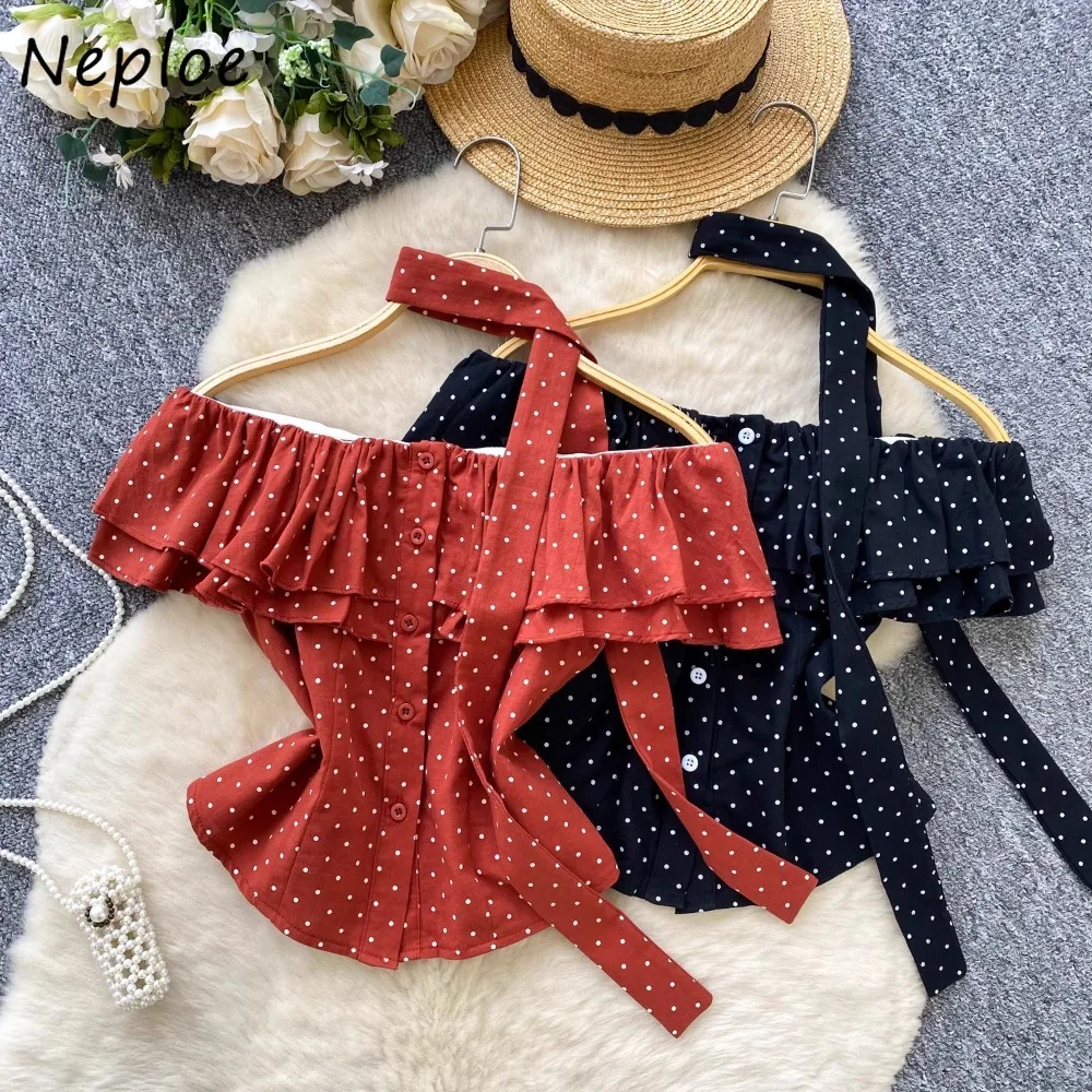 

Neploe French Style Vintage Polka Dot Sweet Shirt Slash Neck Summer Ruffles Lace Up Blouses Unique Gentle Luxury All-match Tops