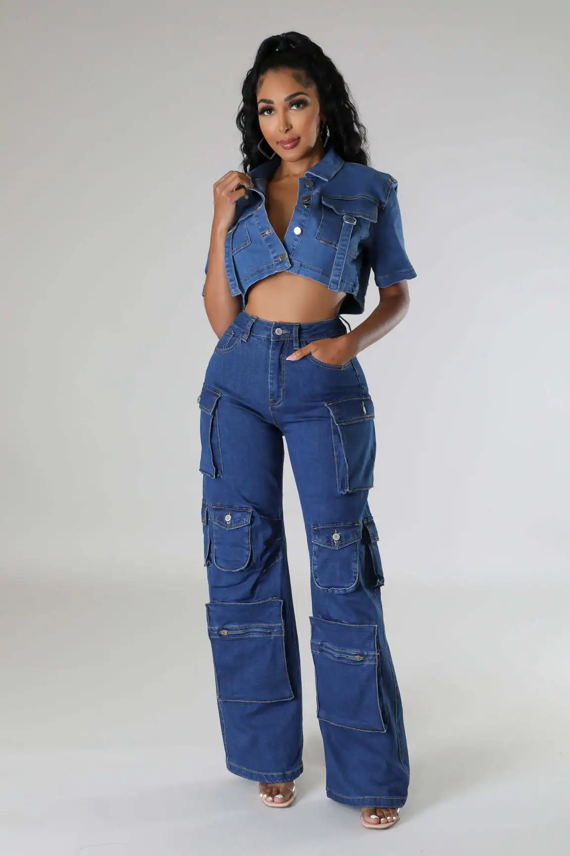 Women'S Jeans Autumn Winter Casual Baggy High Waist Multiple Pocket Denim Cargo Pants Streetwear Lady Vintage Wide Leg Jeans