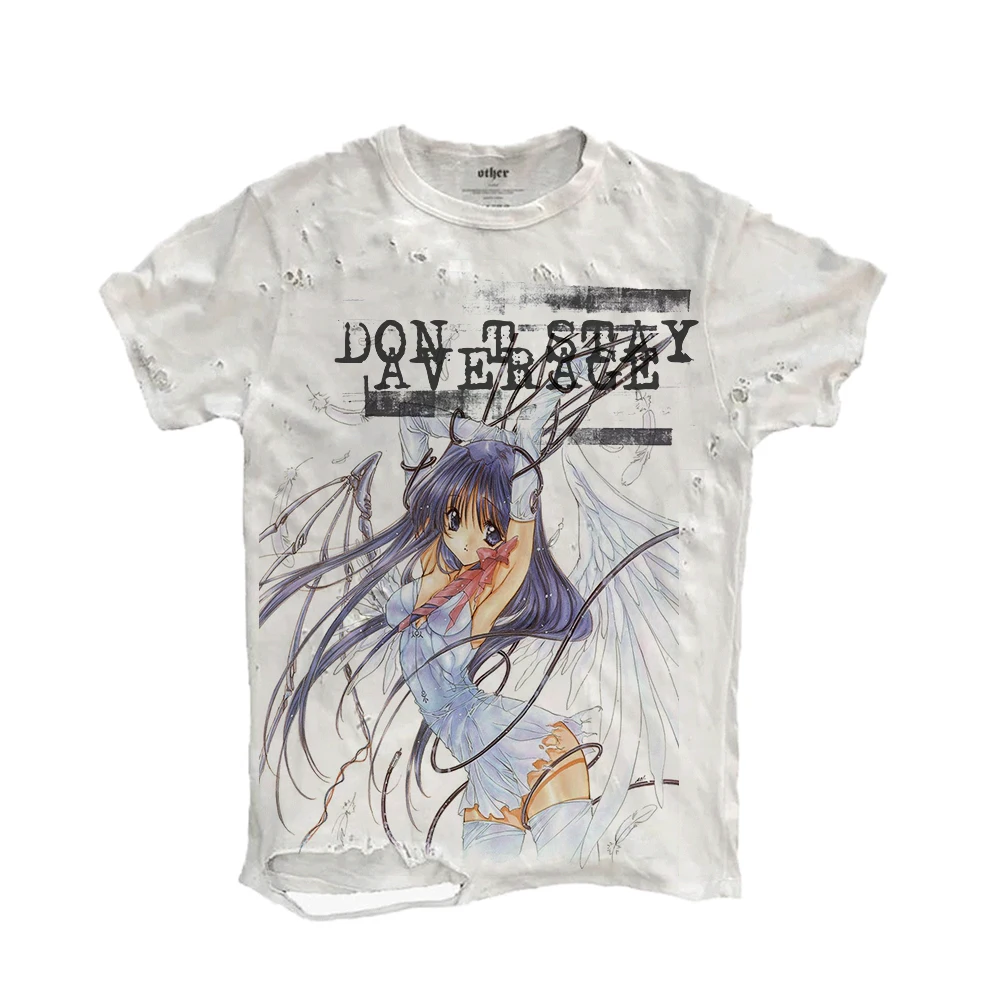 Dark  Girl Line Art Vintage Hole Short Sleeve T-Shirt Loose Fit Cotton Breathable Casual round Neck Angel Pattern