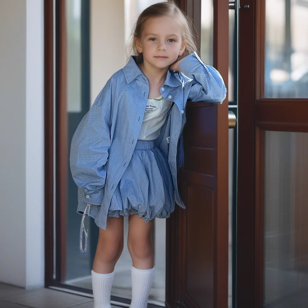 2026 Spring Summer Stylish Blue Shirt Skirt Set for Girls - Trendy Plaid Blouse & Chic Bloom Skirt Two-Piece Outfit Kids Clothes