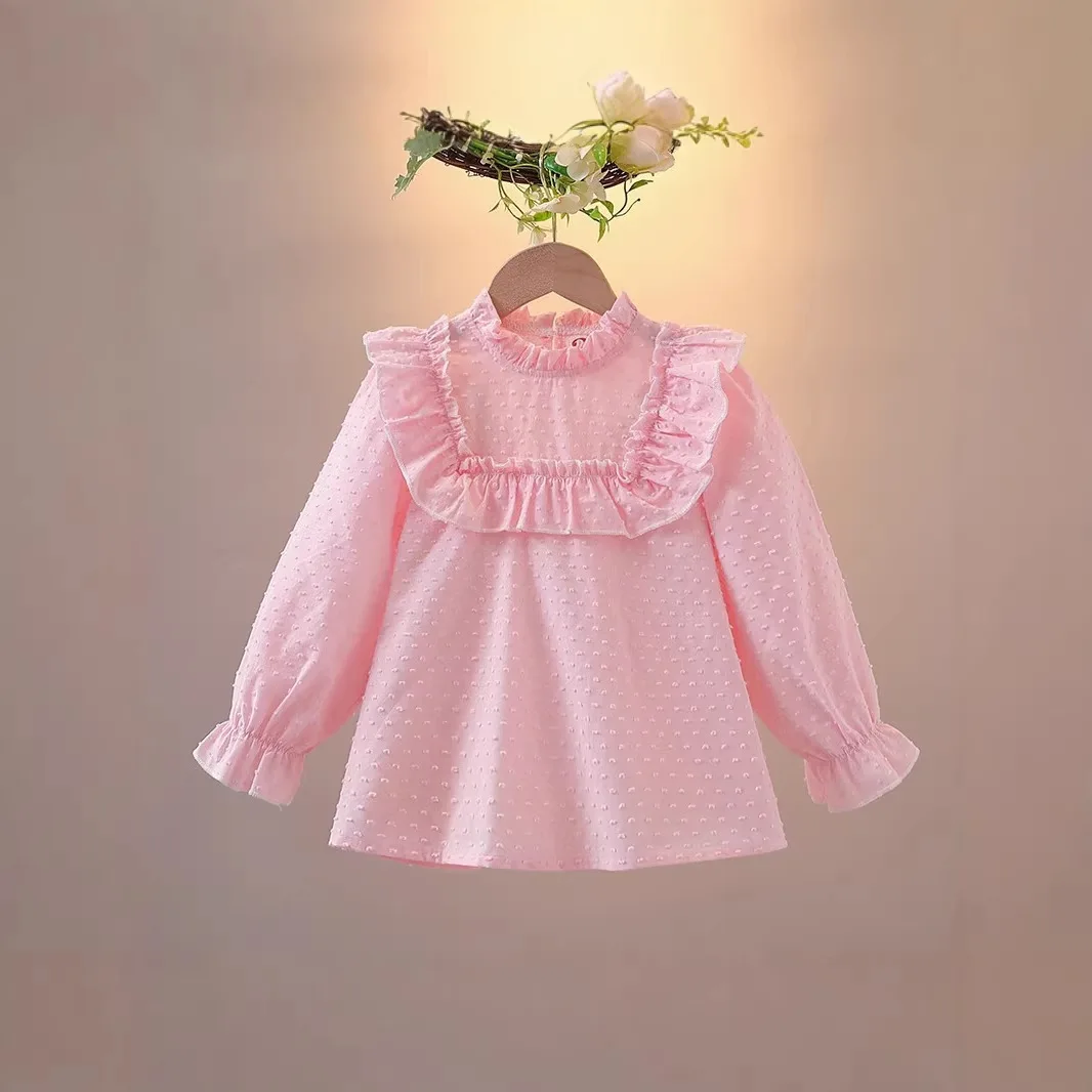 Girls' Shirt New Style Long Sleeved Shirt with Lace Stand Up Collar 2026 New Autumn Spring Children's Top