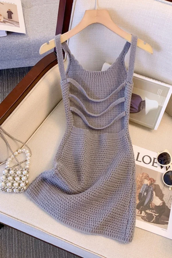 

Gagaok Sweet Mini Dress Elegant Hollow Out Backless Knitted Dresses Women 2025 Summer Bodycon Seaside Vacation Beach Dress