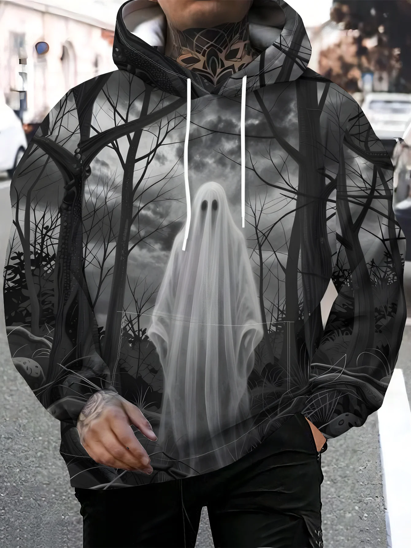 Men Spooky Ghost Dark Forest 3D All Over Print Hoodie Halloween Horror Graphic Long Sleeve Hooded Sweatshirt