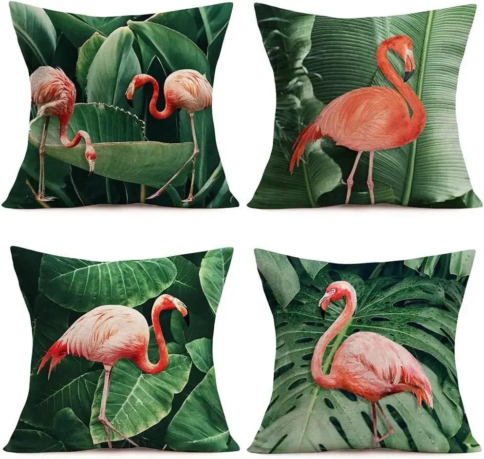 Tropical Summer Green Leaf Pillow Cover Rainforest Palm Red Flamingo Pattern Decorative Sofa Cushion Cover 45X45cm