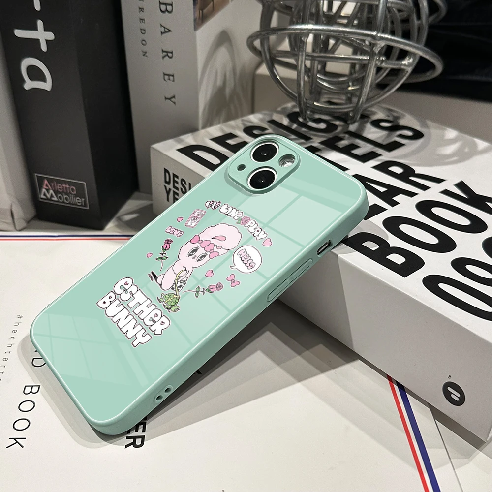 Dla Iphone 14 INS koreański różowy królik esther-bunny Glass 14 13 11 12 Pro 8 Plus X 13 Pro MAX XR XS MINI witraże