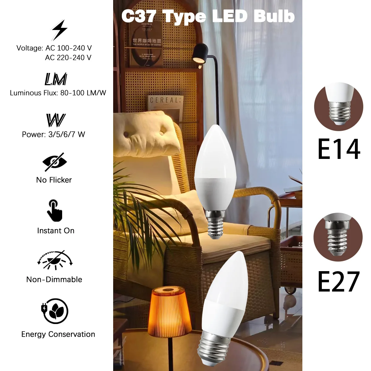 1/5/8/10/12PCS LED Candle Mini Bulbs  C37 3W 5W 6W 7W E14  E27  Bases Flicker Free  AC100V 220V Ideal for Home   Study Lighting/