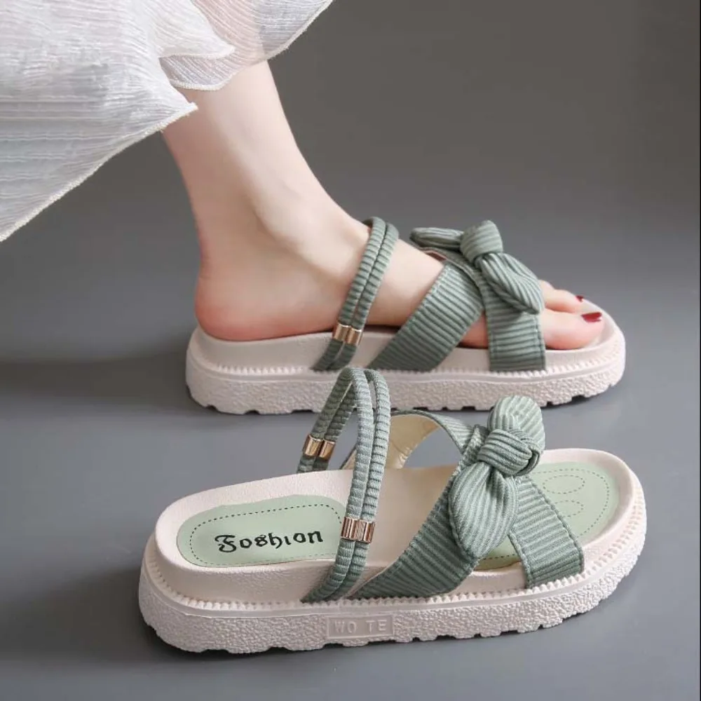 

Fashion 2 in 1 Thick Soled Sandals Elegant Open Toe Bowknot Slippers Summer Women Shoes Beach Slippers Ladies