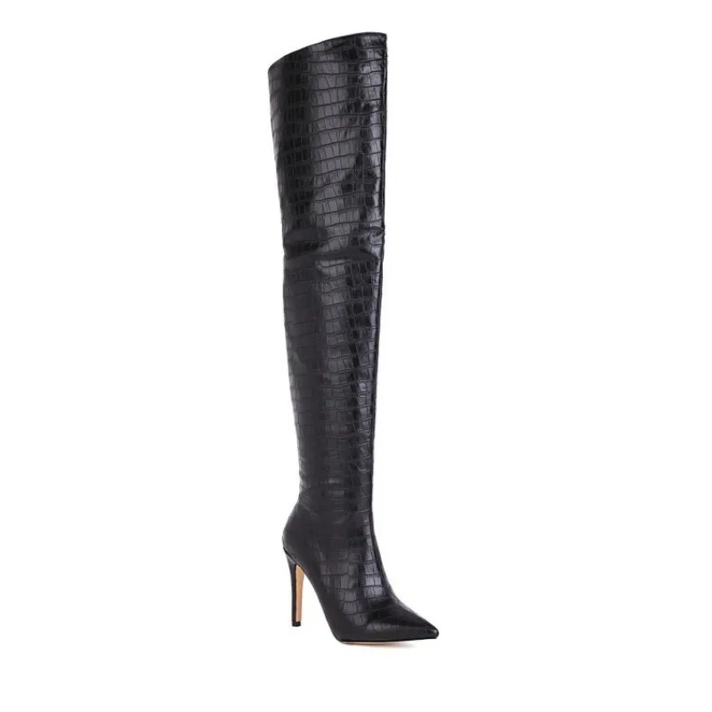 Sexy Women Over The Knee Boots Stone Pattern PU High Heels 10.5CM Thin Heels Non-slip Rear Zipper   Boot  Luxury Trendy Designer