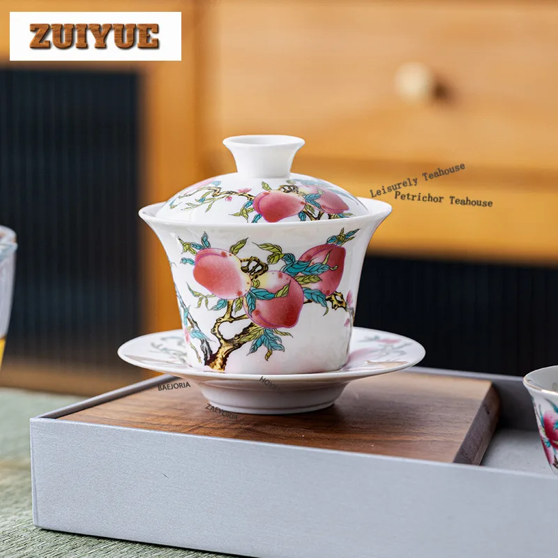 

150ml Hand Painted Peach Gaiwan Antique Tea Tureen Household Tea Bowl With Lid Kit Tea Maker Cover Bowl Drinkware Collection