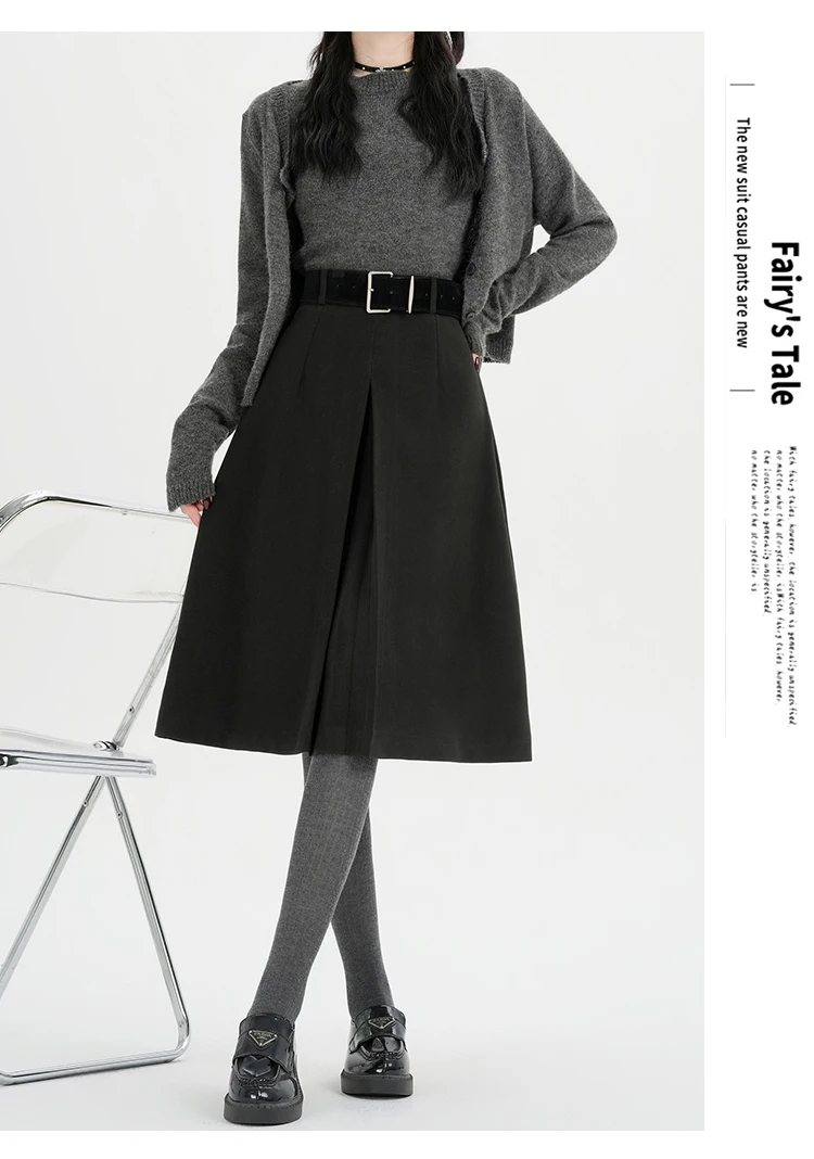 Hochgeschnittener Rock für Damen, Herbst/Winter 2026, Neuheit, Wollrock für Damen, Grau oder Schwarz, A-Linien-Rock für Damen mit Gürtel, Bestseller – Detail 12