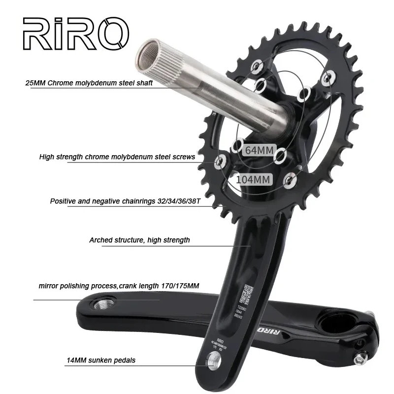 

RIRO XT 104BCD Bicycle Crankset – 170mm Aluminum Alloy Bicycle Crank 32-38T Chainring 175mm Bottom Bracket for Bike accessories