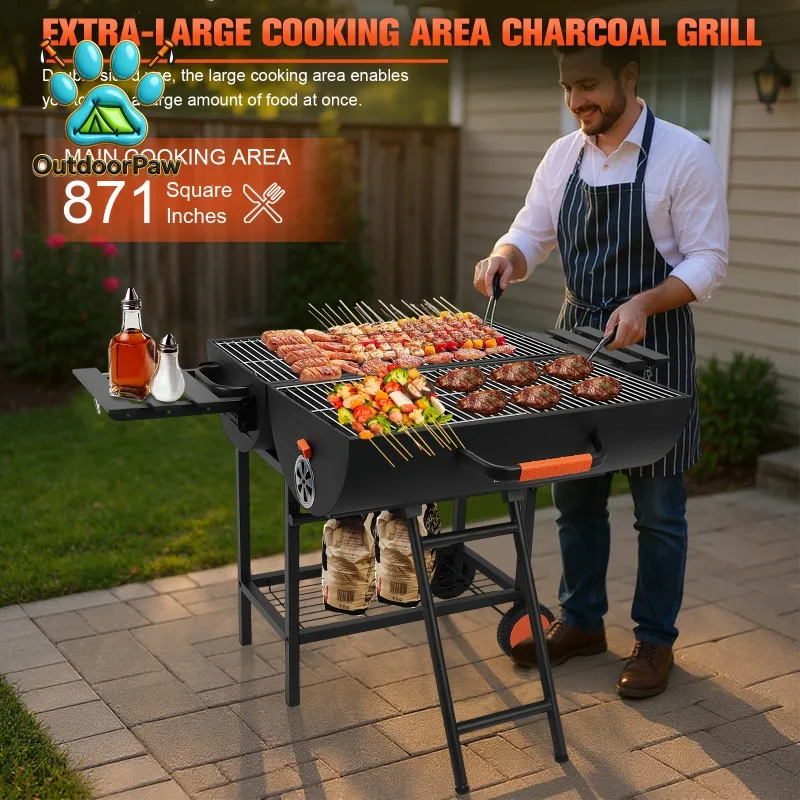 Large Portable Charcoal Grill Portable Charcoal Grill with 2 Foldable Side Tables Barrel Charcoal Grills for Backyard Patio