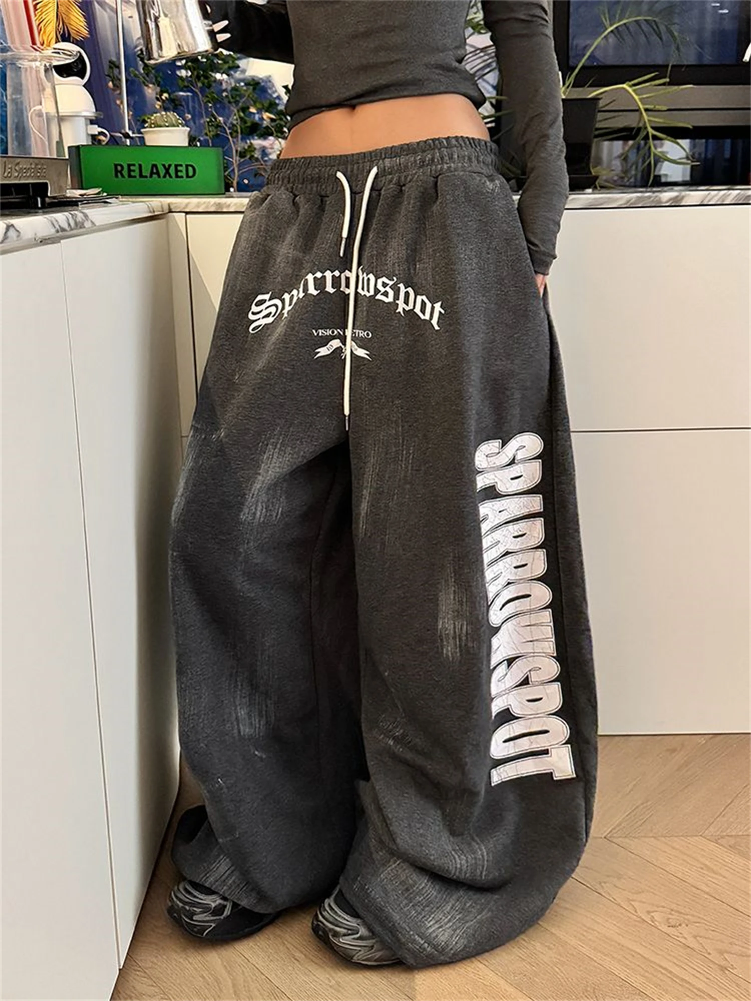 Y2K Women's Dark Grey Wide Leg Sweatpants 2025 New Fashion Letter Print Distressed Drawstring Waist Casual Streetwear Trousers