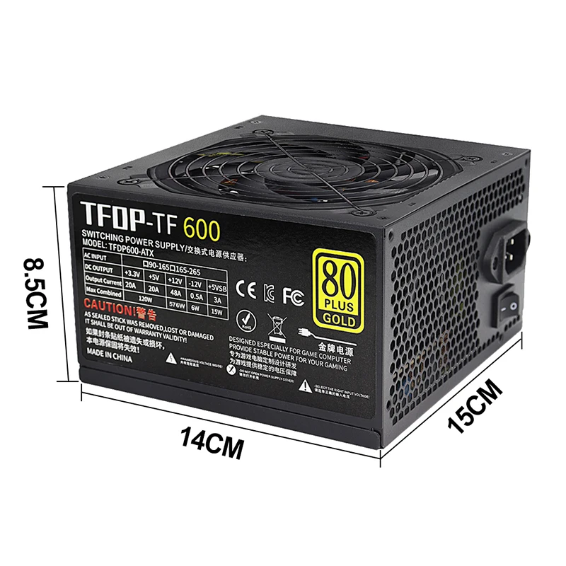 600W Netzteil 80PLUS Gold ATX PC Netzteil Nicht modular 90V-265V 20+4PIN Leise Geeignet für Desktop-Computer Server Gaming PC