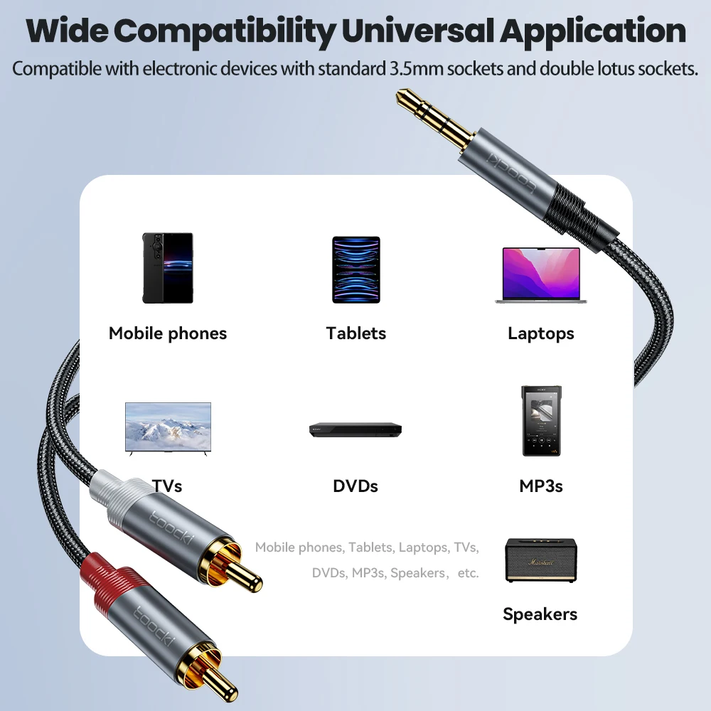 Toocki-Cable RCA de 3,5mm, conector a 2 RCA, divisor de Cable de Audio AUX para amplificador de teléfono inteligente, Cable auxiliar de cine en casa