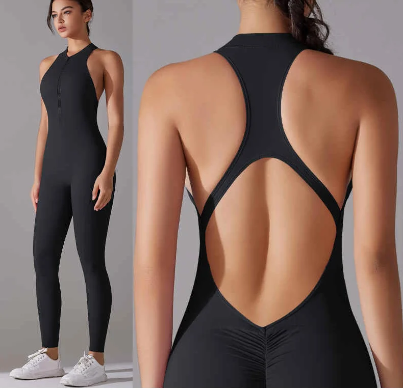 

Solid Color Jumpsuit High-intensity Tight Fitting Sports Lengthened One-piece Yoga Running And Fitness Sports Overalls