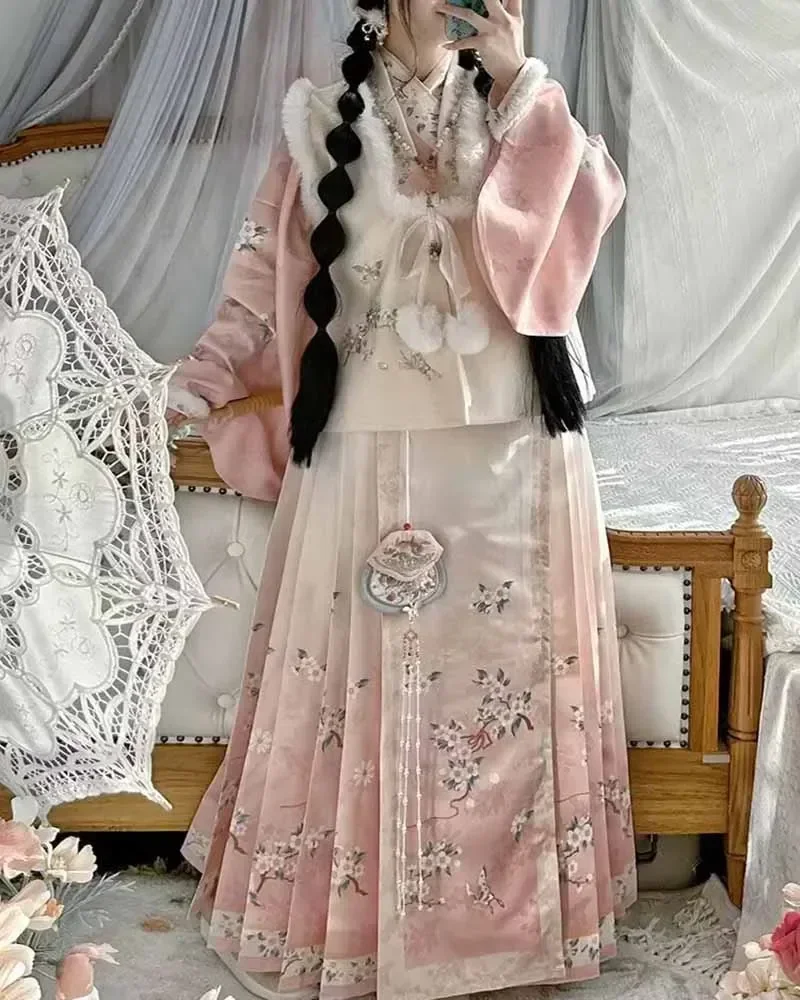 

Китайское платье ханьфу, женское зимнее теплое платье с вышивкой зеленого и розового цвета ханьфу, комплекты из 3 предметов, костюм для рождественской, новогодней вечеринки, наряд