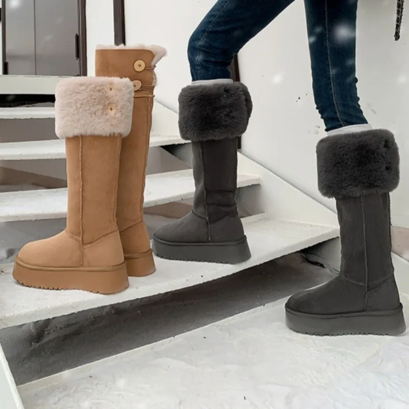 

Snow Boots Women's Winter New Round Toe Spliced Suede Platform Non-slip Tall Cotton Shoes