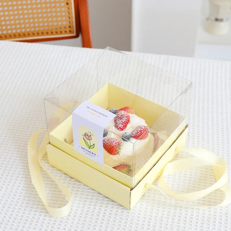 2Pieces 4/6Inch Light Yellow Ribbon Handle Cake Paper Packaging Box PVC Transparent Cover Birthday Party Gift Pastry Box