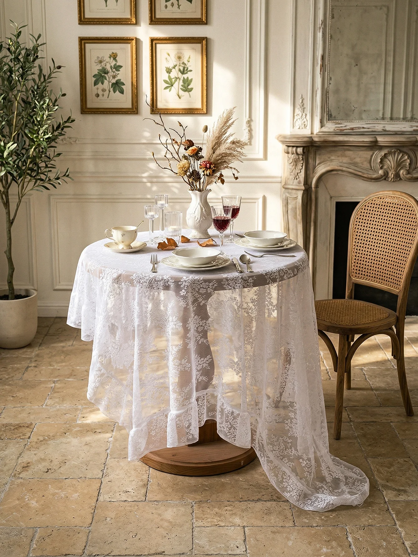 Elegant Sheer White Lace Tablecloth, Romantic Rustic Table Linen for Afternoon Tea, Bridal Shower, Patio Decor