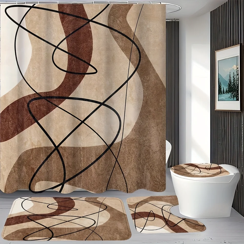 

Набор для ванной комнаты: 1/4 шт. с абстрактным художественным рисунком, занавеска для душа с 12 крючками, нескользящий напольный коврик, U-образный коврик для ванной, коврик для туалета.