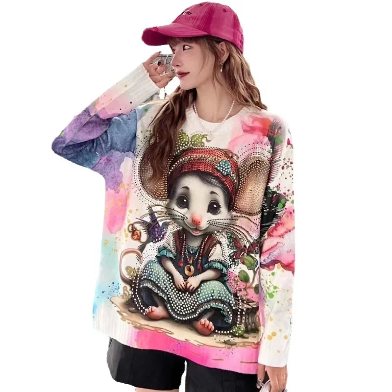 2024 Autumn Winter New Hot Diamond Tie-dye Cartoon Sweaters Women Loose Fashion Top Round Neck Pullover Long-sleeved Sweater