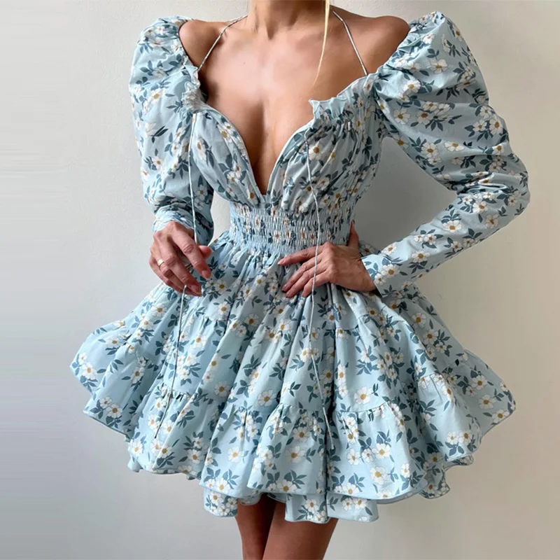 Trendix Abito con stampa floreale per le donne Autunno Sexy Deep V Nekc Fasciatura Manica lunga Abiti corti Lace Up Elegante abito con volant 2025