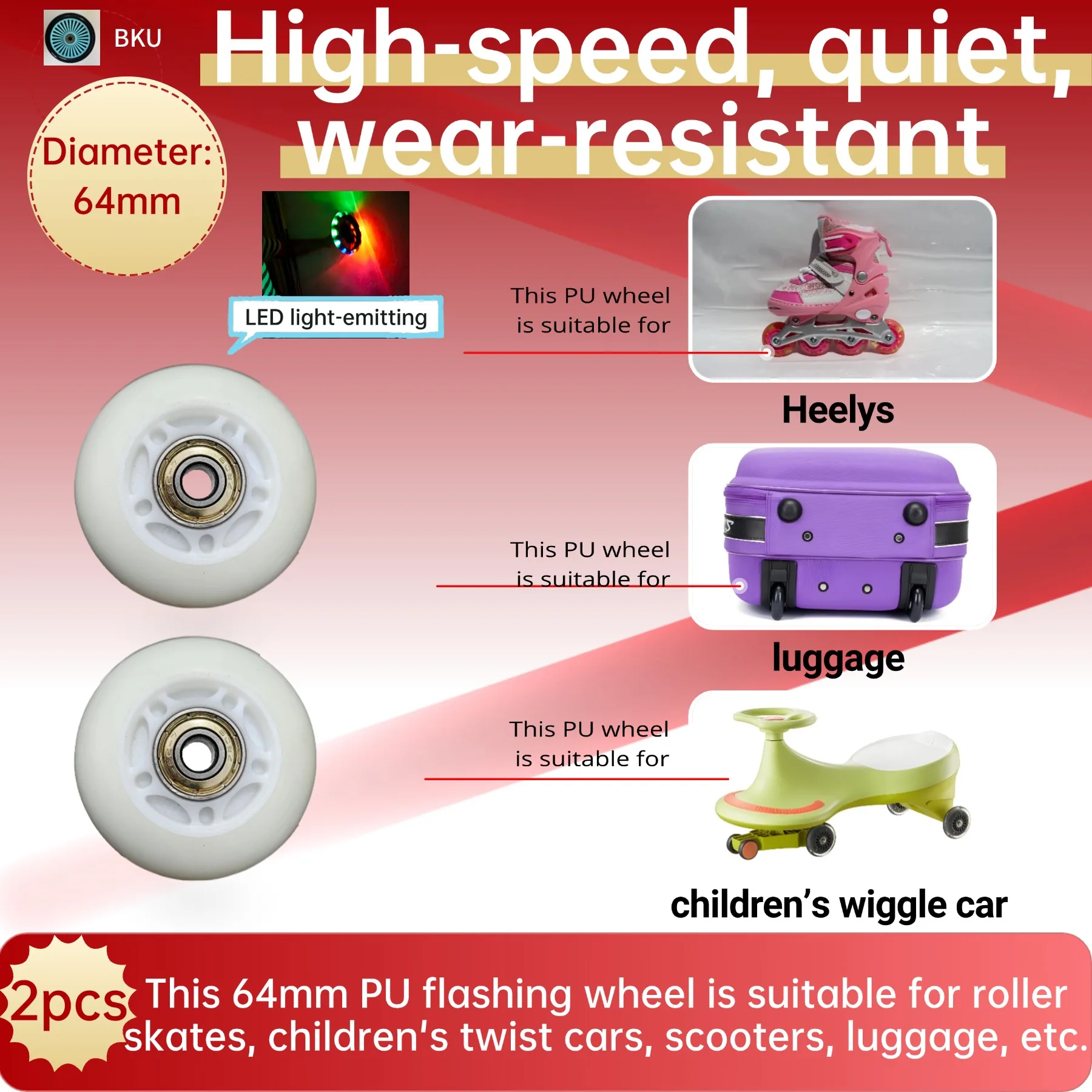 Ruote luminose da 64 mm da 2 pezzi/confezione: ruote in PU silenziose e durevoli per pattini a rotelle e scooter (sostituzione OEM, include cuscinetti)