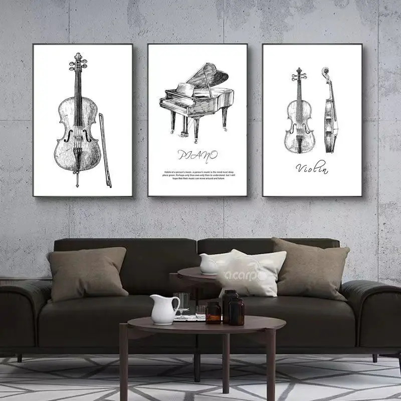 Modern Minimalist Piano Violin Drum Kit Musical Instrument Posters Print Canvas Painting Wall Pictures for Piano Room Home Decor