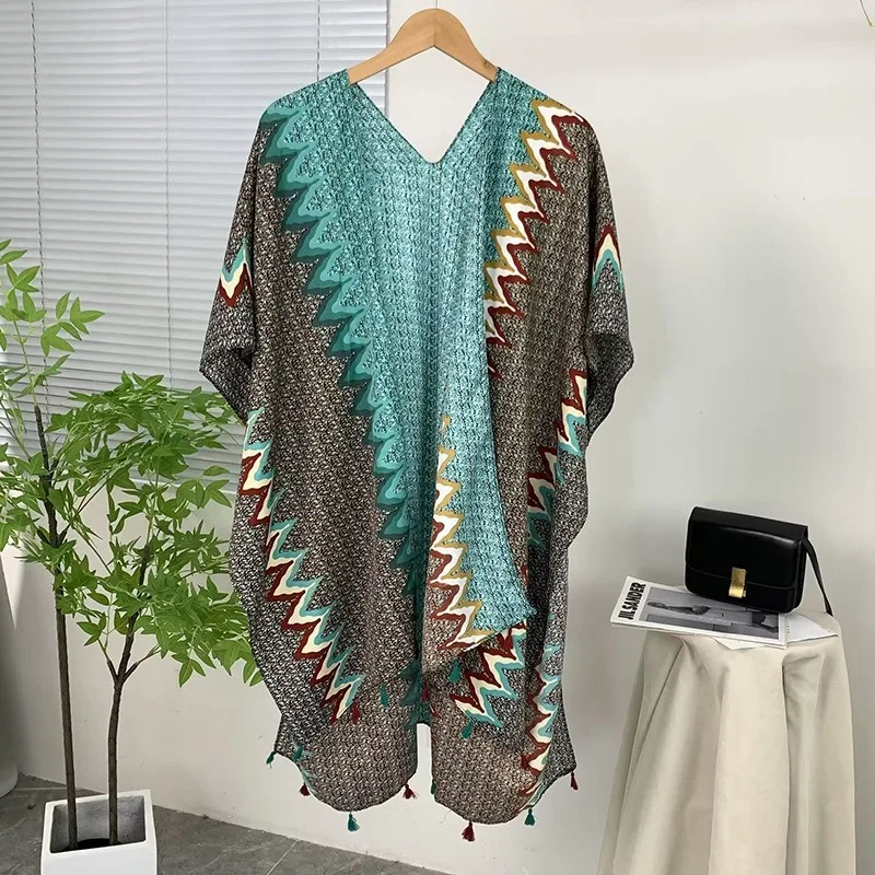 Women Retro Ethnic Print Tassel Kimono Shawl Versatile Air Condition Wrap For Summer