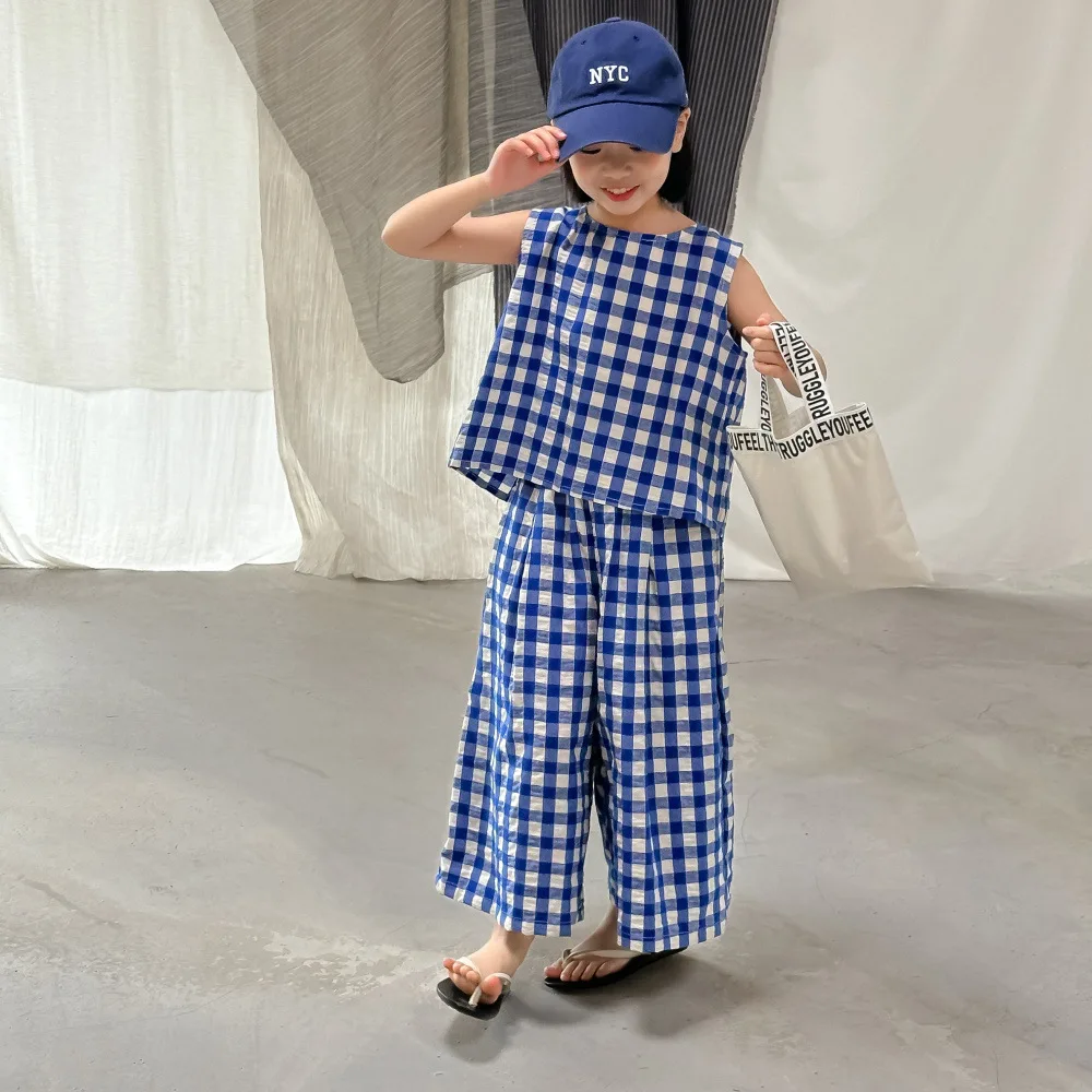 

2024 Summer Girls plaid clothes set fashion Vest And wide leg pant 2pcs suit Children loose casual clothing set