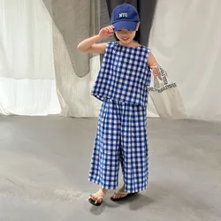 2024 Summer Girls plaid clothes set fashion Vest And wide leg pant 2pcs suit Children loose casual clothing set