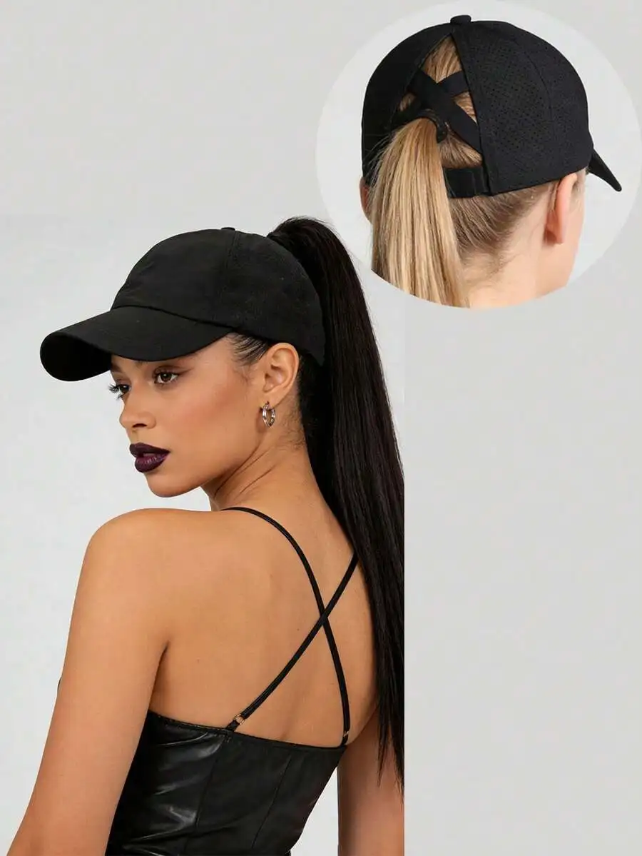 

1pc Distressed Criss-Cross Ponytail Mesh Baseball Cap, Adjustable Outdoor Sun Protection Casual Hat, Suitable For Spring/Autumn, Travel, Beach, Y2K Style For Youth