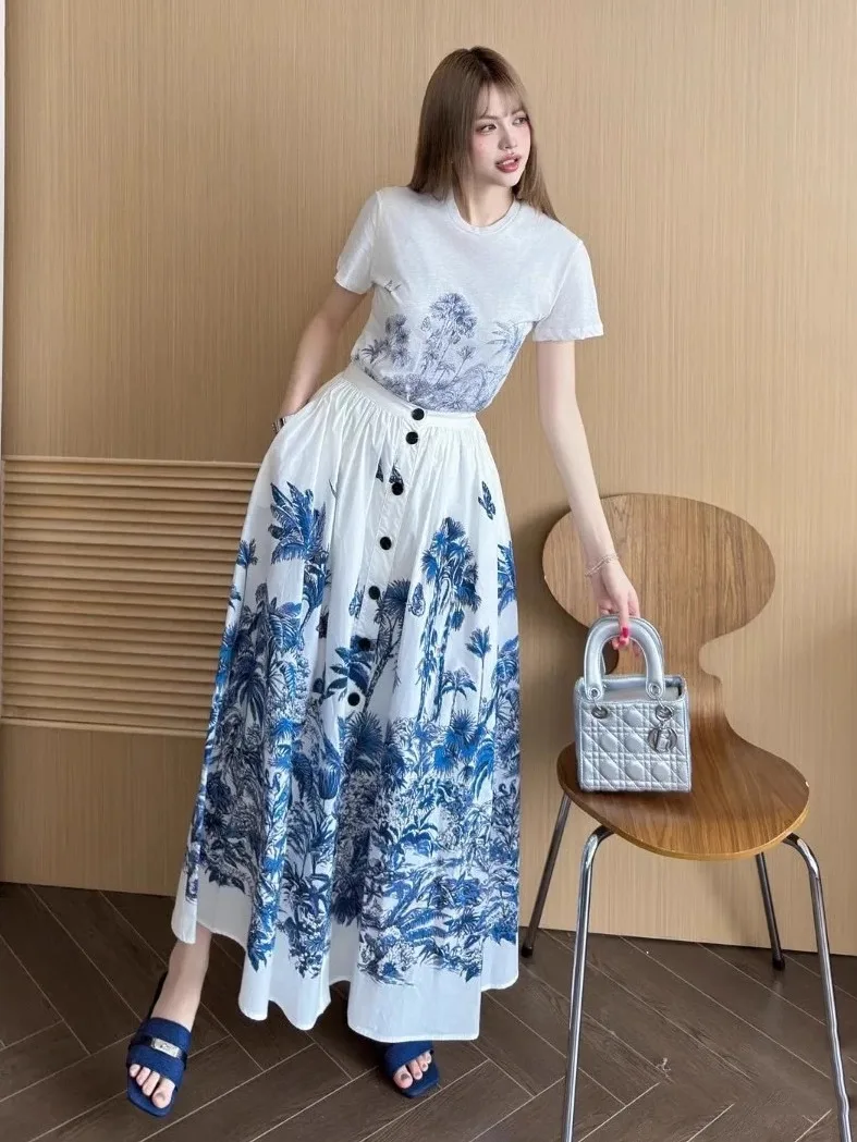 

New Arrival Coconut Tree and Butterfly Ink Painting Print Button Skirt