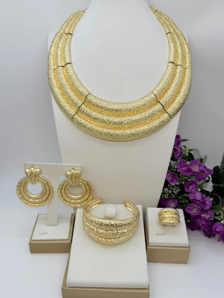 

Italian Gold Plated Design Nigerian Style Necklace Earrings Bangle Ring Woman Jewerlry Set