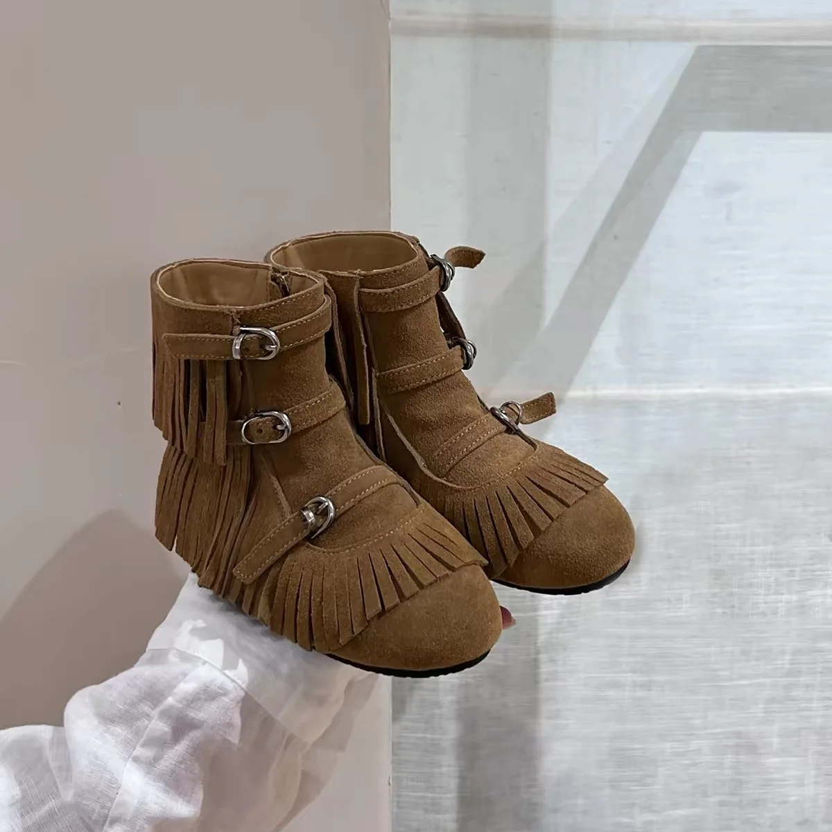 Kids'Snow Boots PU Leather Winter Fashion Tassel Flat Thick Bottom Shoes For Children Warm Anti-slip Khaki Yellow Size 26-36
