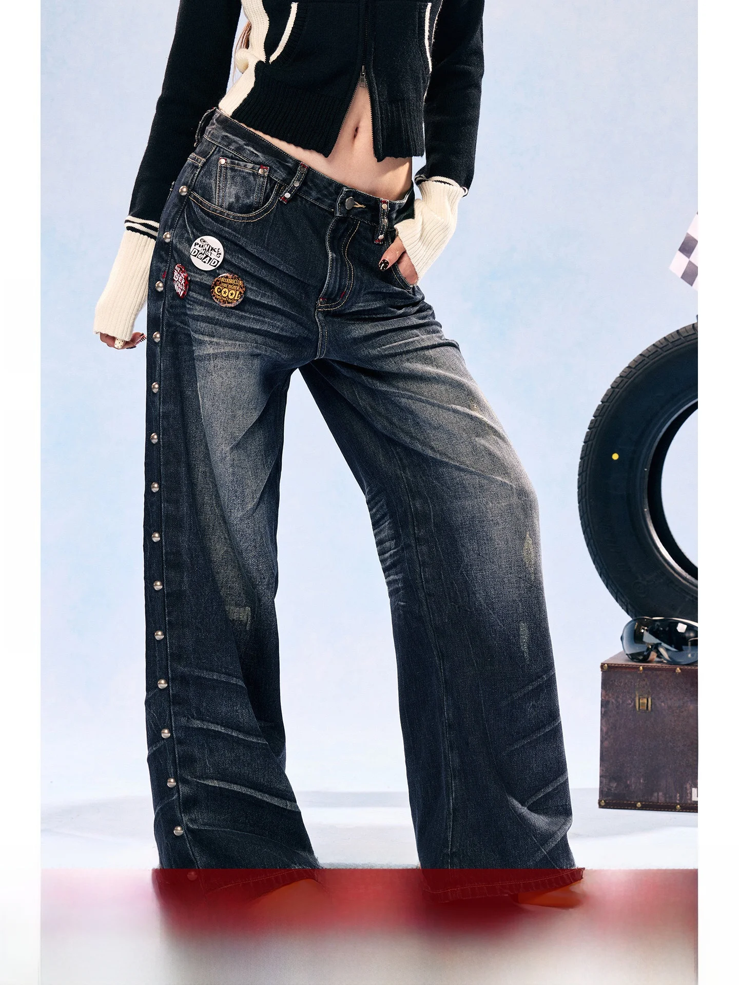 

BeerBro Speed Pulse Authentic Cotton Straight Leg Jeans Versatile Wear Resin Rivet Bae Street Sle Low Waist Jeans