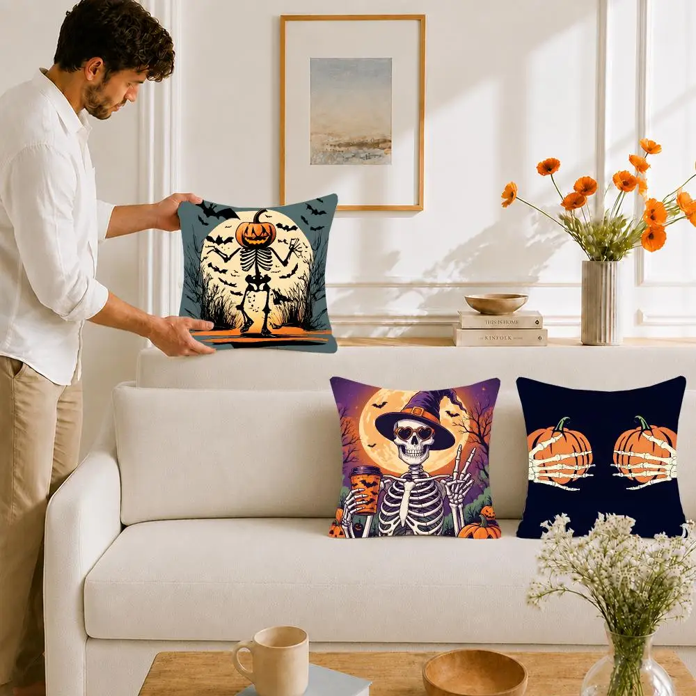 Holiday Graphic Halloween Skull Cushion Cover Portable floor cushion for travel Yoga Minimalist text 2way tricot